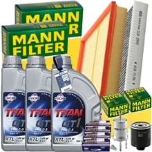 MANN INSPEKTIONSPAKET+3x1L FUCHS 5W-30 ÖL passend für VW POLO 9N SKODA 1.4 16V