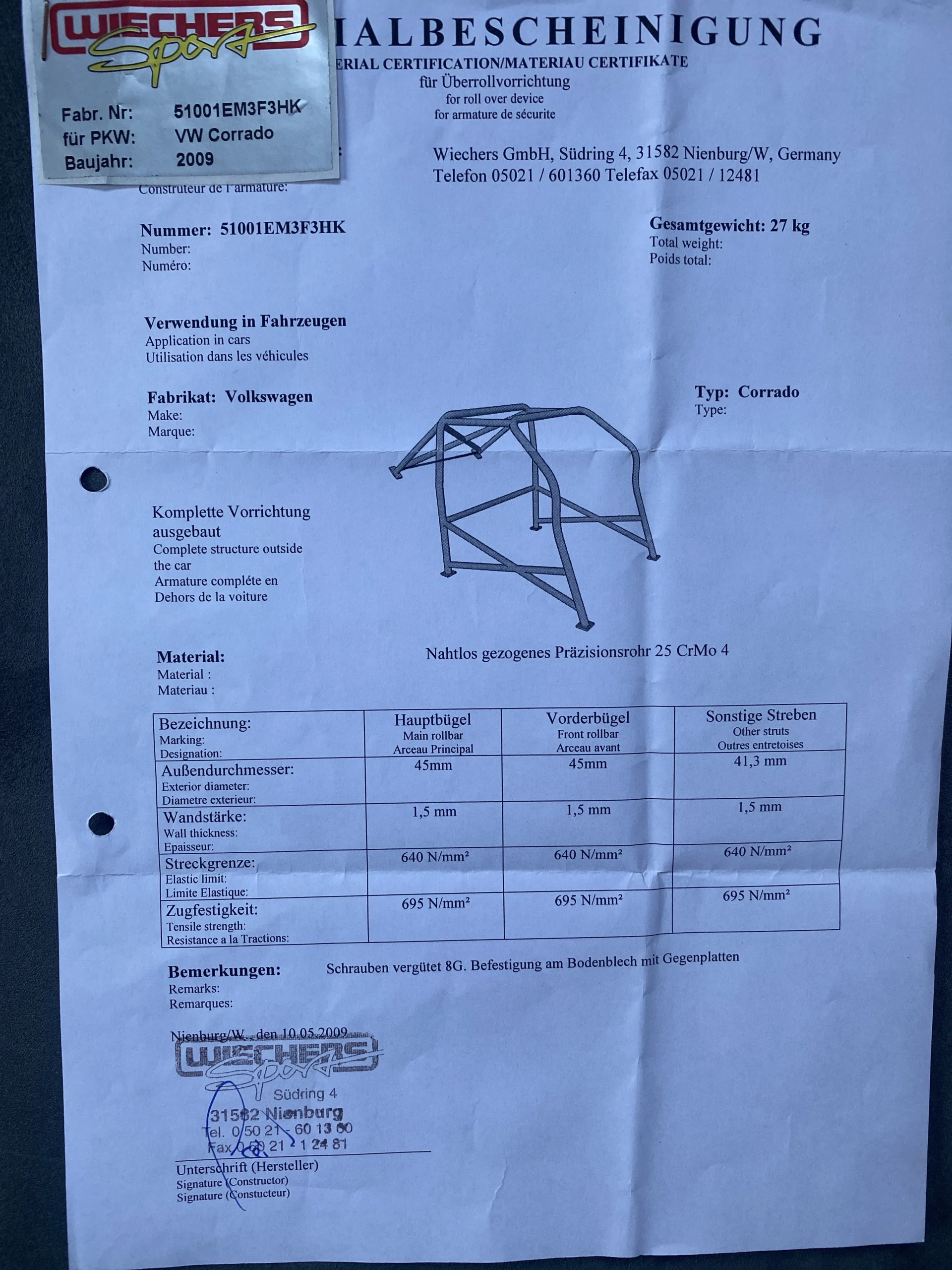 Wiechers 25CRMO Überrollkäfig VW Corrado 27KG